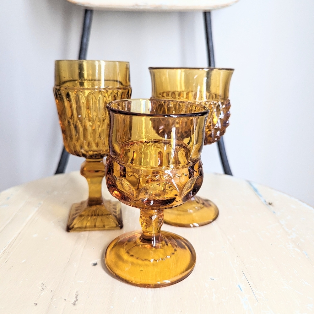 Vintage Trio Set of Amber Glass Wine Cocktail Mixed Designs